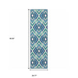 2' X 8' Blue and Ivory Geometric Stain Resistant Indoor Outdoor Area Rug