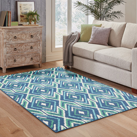 4' X 6' Blue and Ivory Geometric Stain Resistant Indoor Outdoor Area Rug