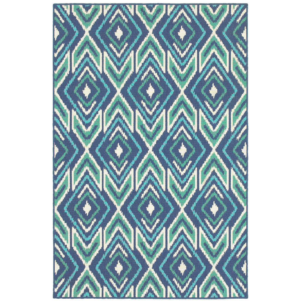 5' X 8' Blue and Ivory Geometric Stain Resistant Indoor Outdoor Area Rug