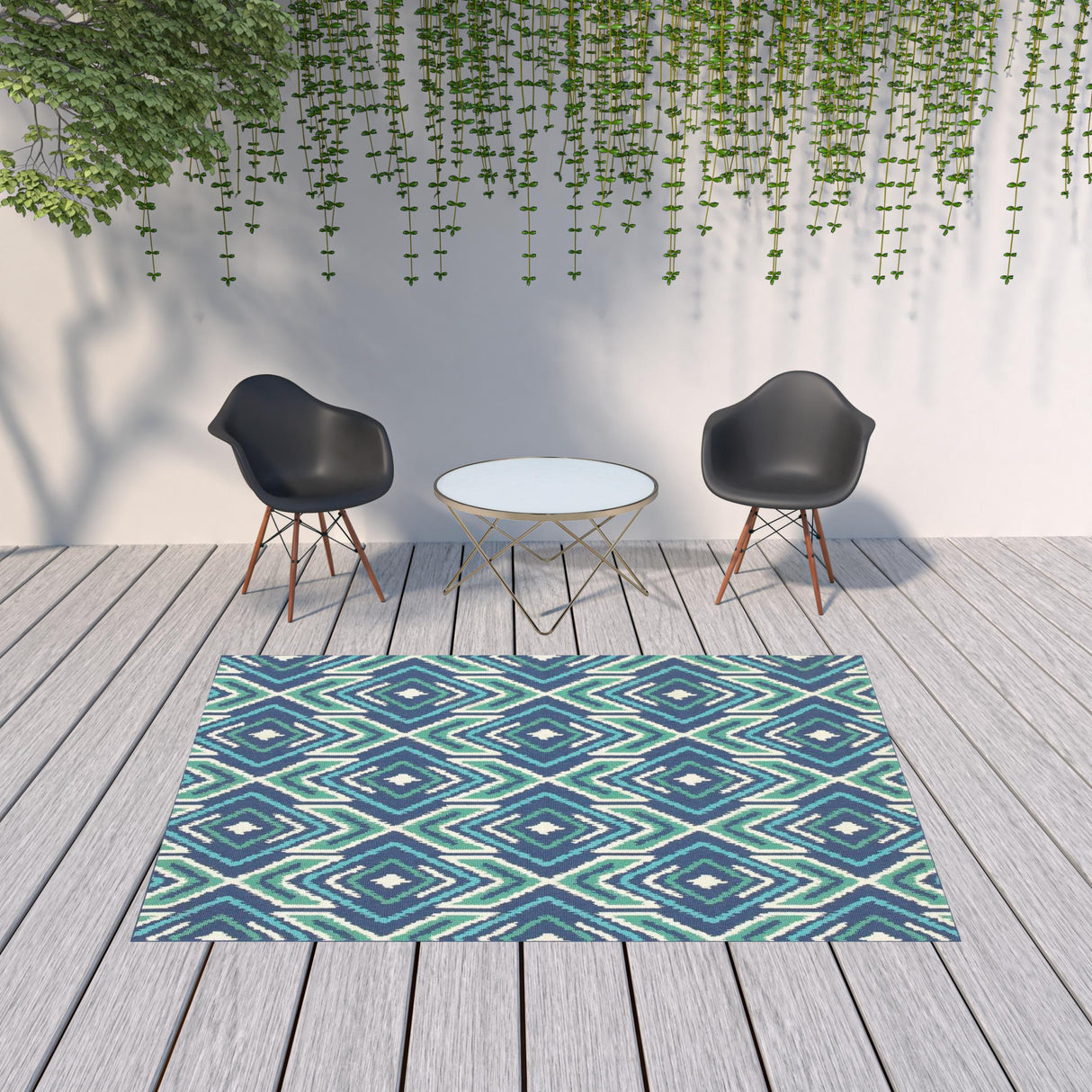 7' X 10' Blue and Ivory Geometric Stain Resistant Indoor Outdoor Area Rug