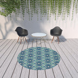 8' X 8' Blue and Ivory Round Geometric Stain Resistant Indoor Outdoor Area Rug