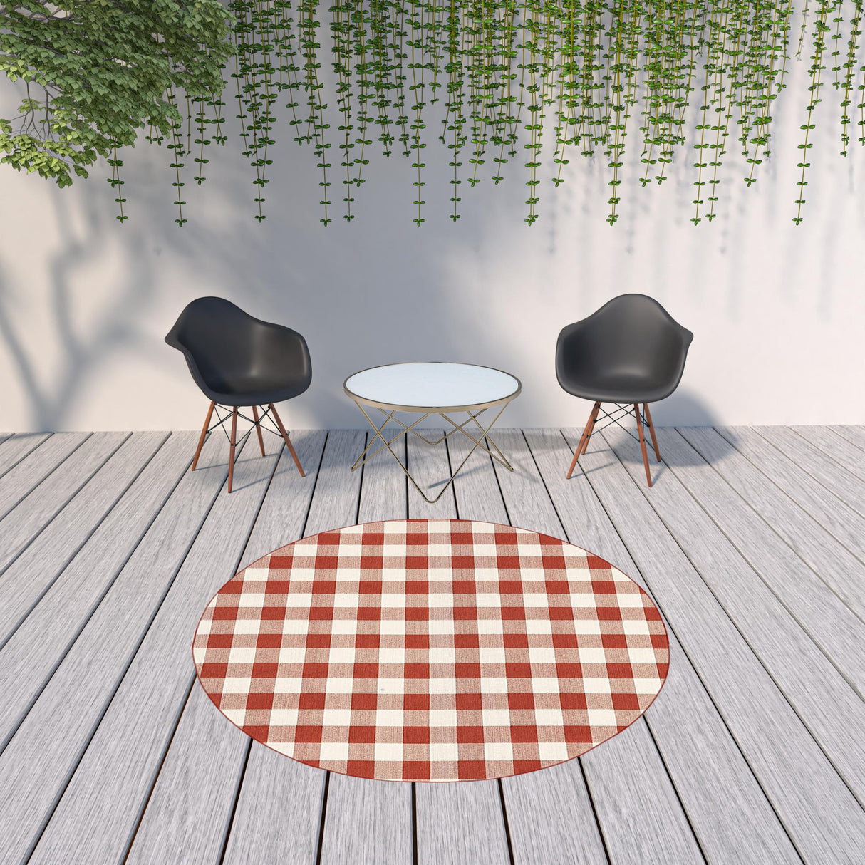 8' X 8' Red and Ivory Round Geometric Stain Resistant Indoor Outdoor Area Rug