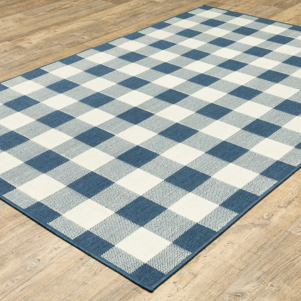 4' X 6' Blue and Ivory Geometric Stain Resistant Indoor Outdoor Area Rug