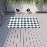 9' X 13' Blue and Ivory Geometric Stain Resistant Indoor Outdoor Area Rug