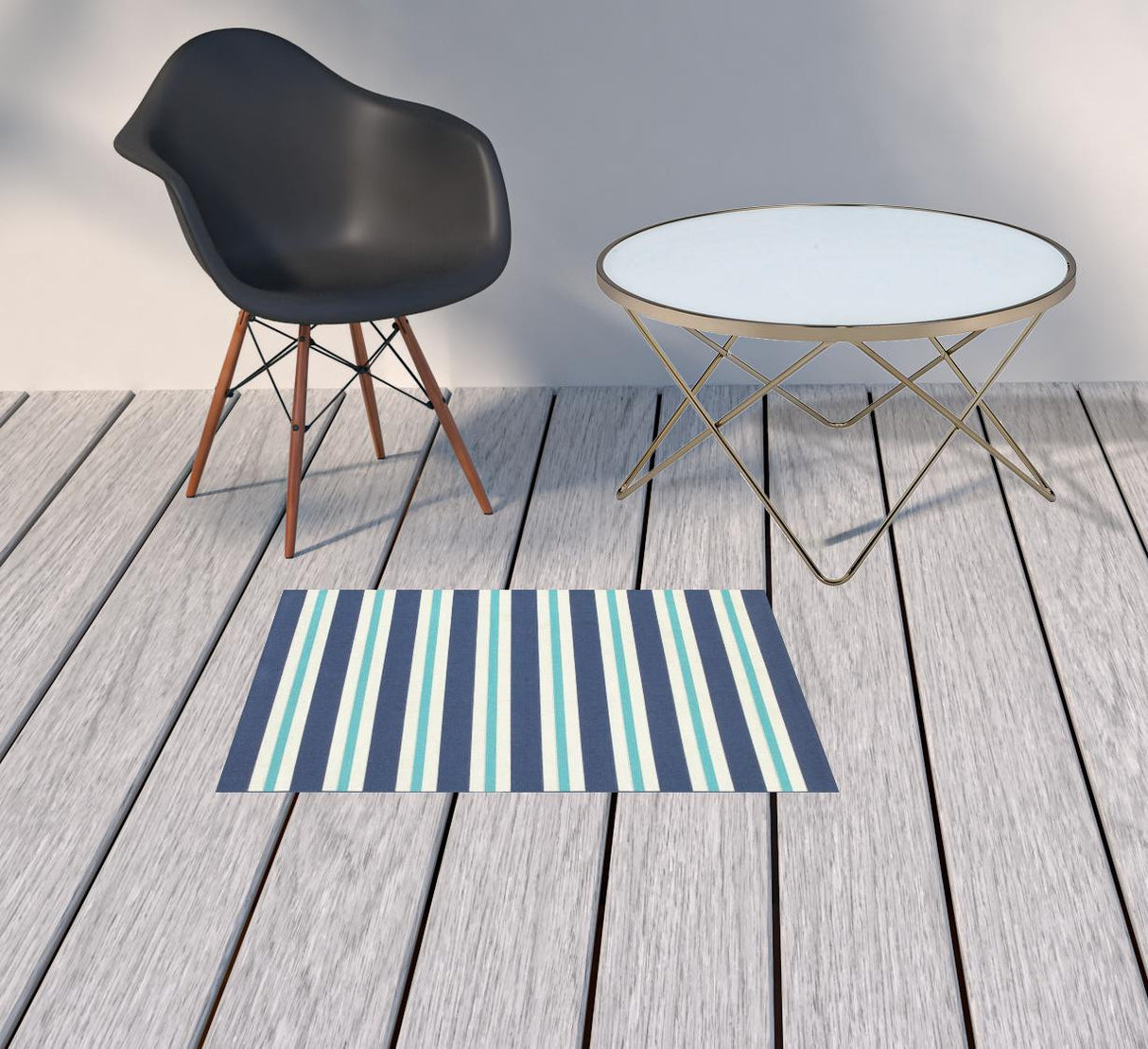 2' X 3' Blue and Ivory Geometric Stain Resistant Indoor Outdoor Area Rug