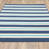 2' X 3' Blue and Ivory Geometric Stain Resistant Indoor Outdoor Area Rug