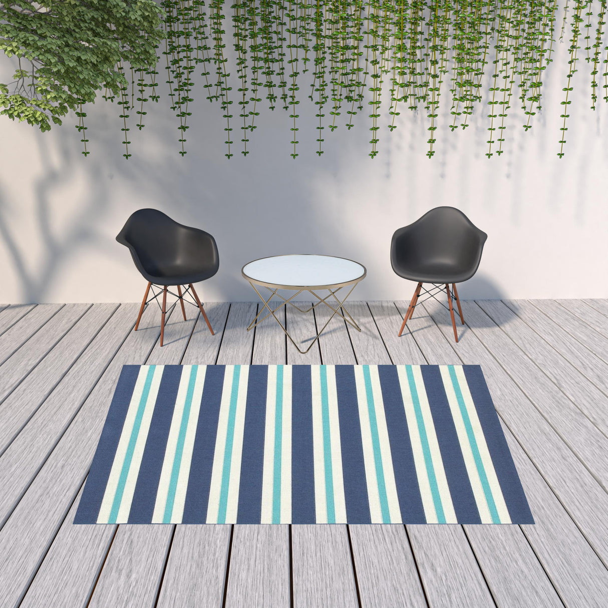 7' X 10' Blue and Ivory Geometric Stain Resistant Indoor Outdoor Area Rug