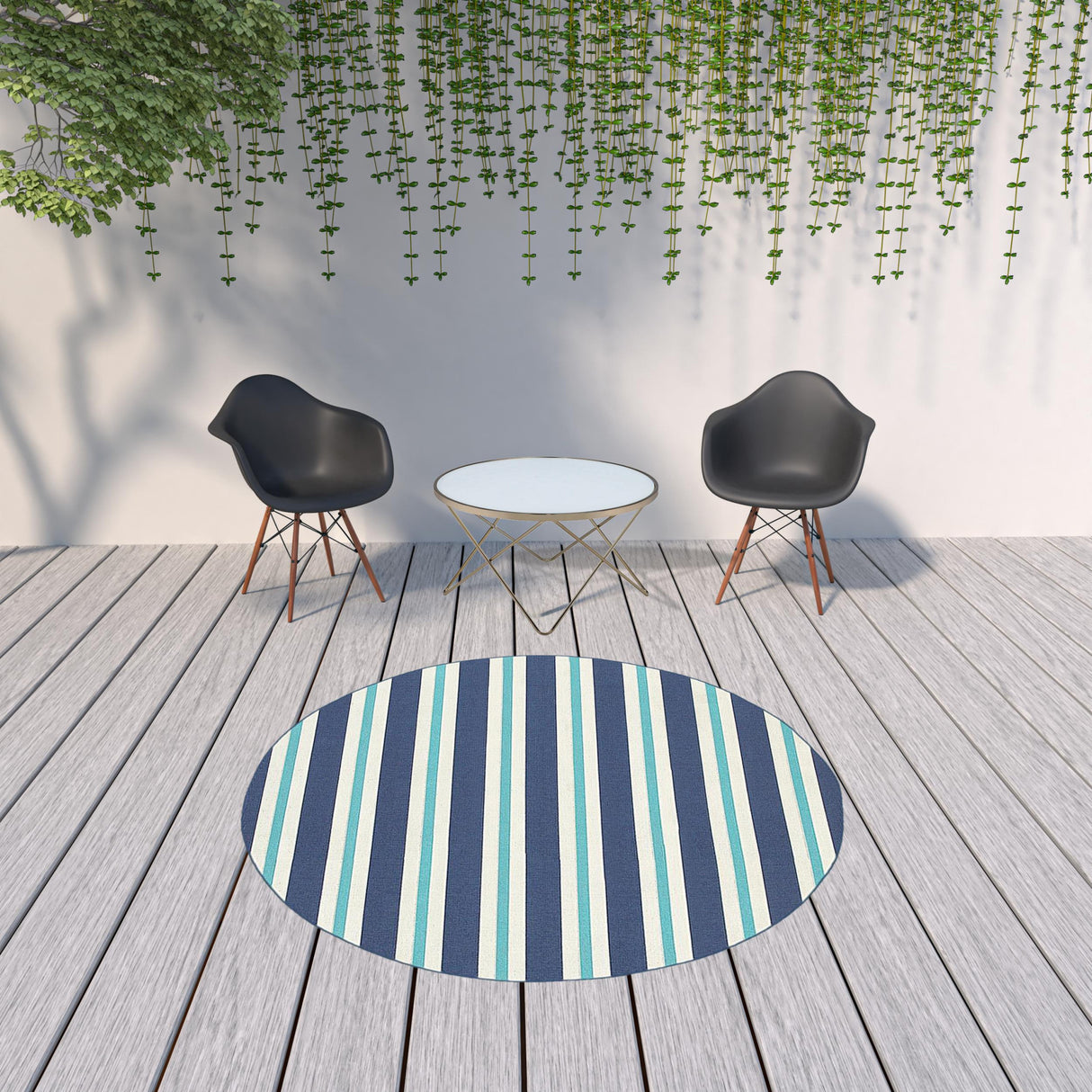 8' X 8' Blue and Ivory Round Geometric Stain Resistant Indoor Outdoor Area Rug