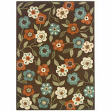 7' X 10' Brown and Ivory Floral Stain Resistant Indoor Outdoor Area Rug