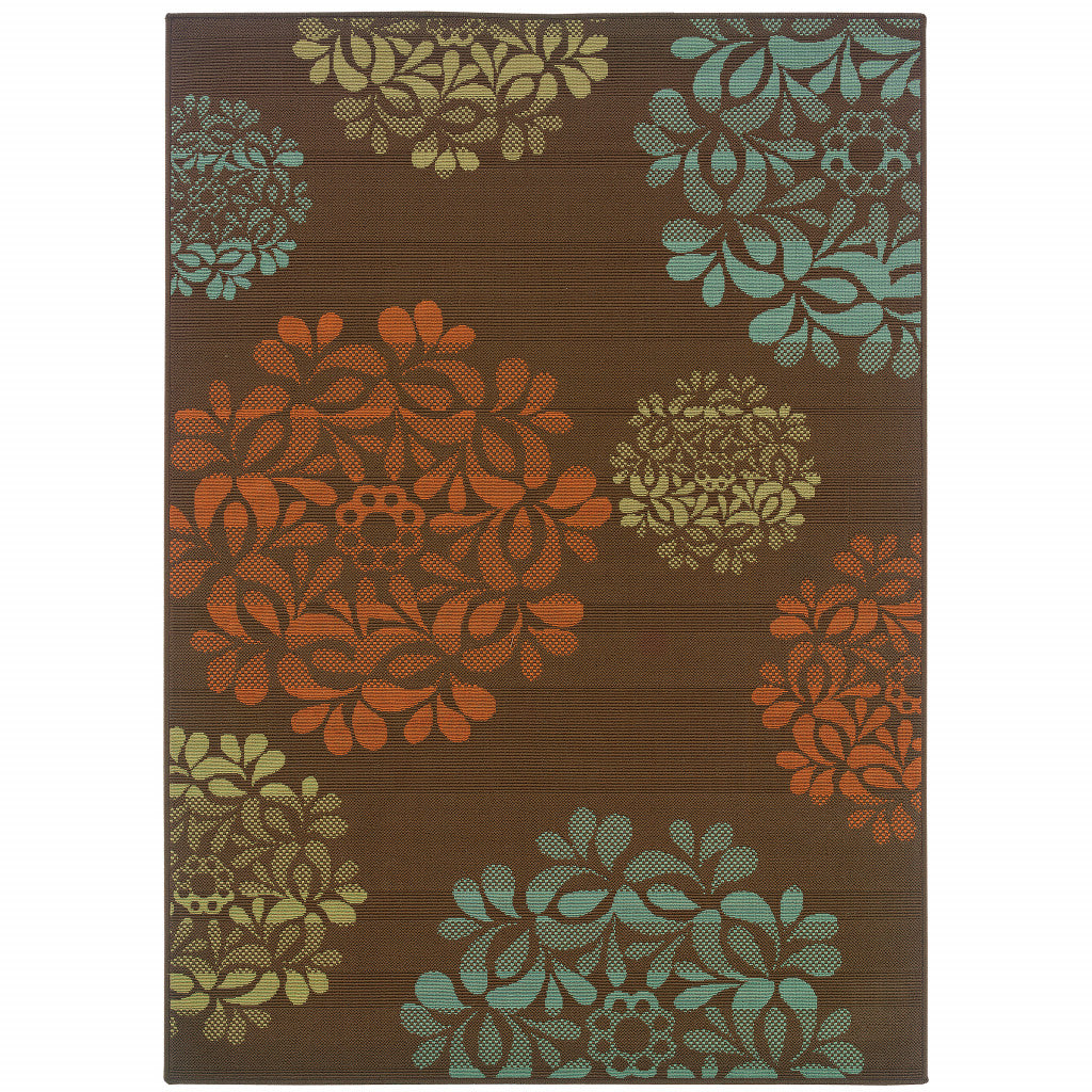 2' X 4' Brown Floral Stain Resistant Indoor Outdoor Area Rug