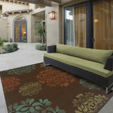 7' X 10' Brown Floral Stain Resistant Indoor Outdoor Area Rug