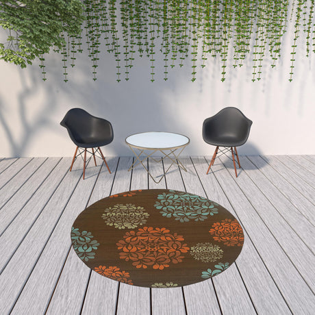 8' X 8' Brown Round Floral Stain Resistant Indoor Outdoor Area Rug