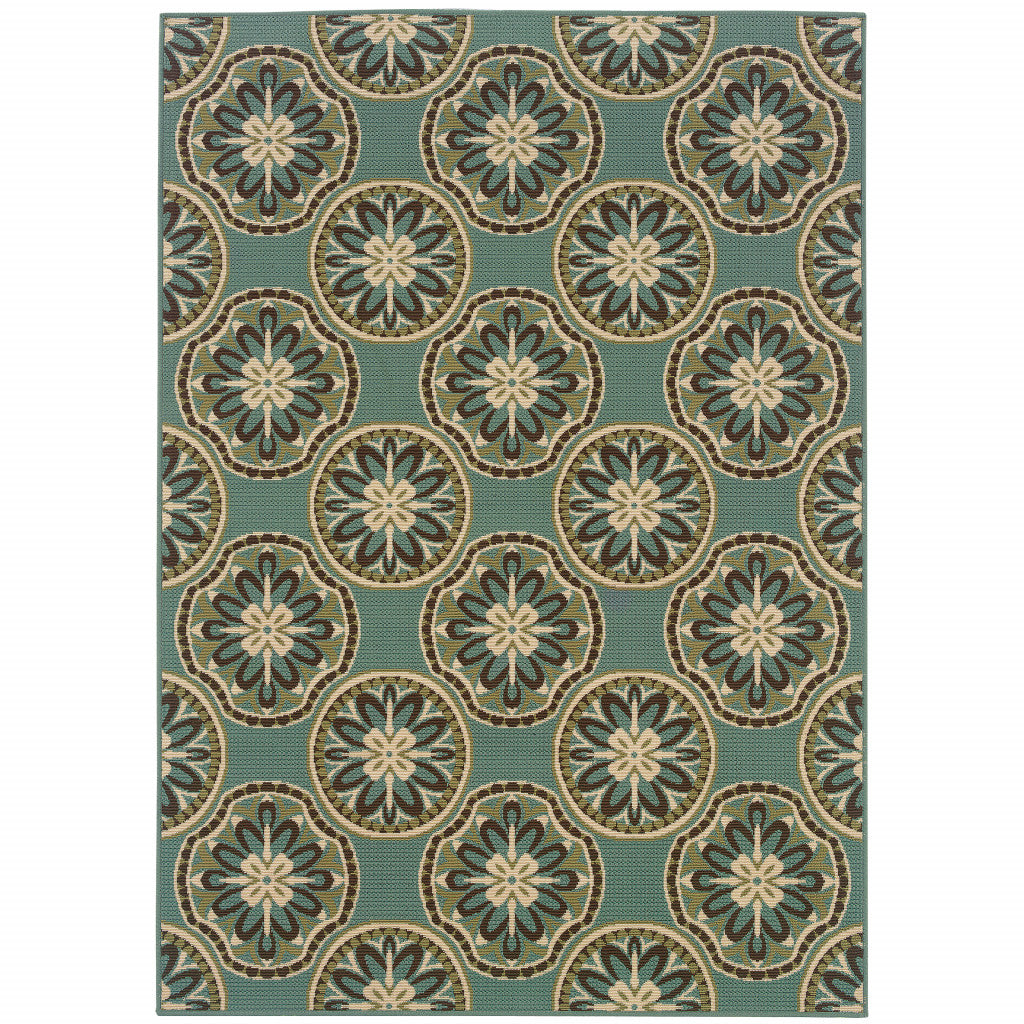 5' X 8' Blue and Ivory Floral Stain Resistant Indoor Outdoor Area Rug