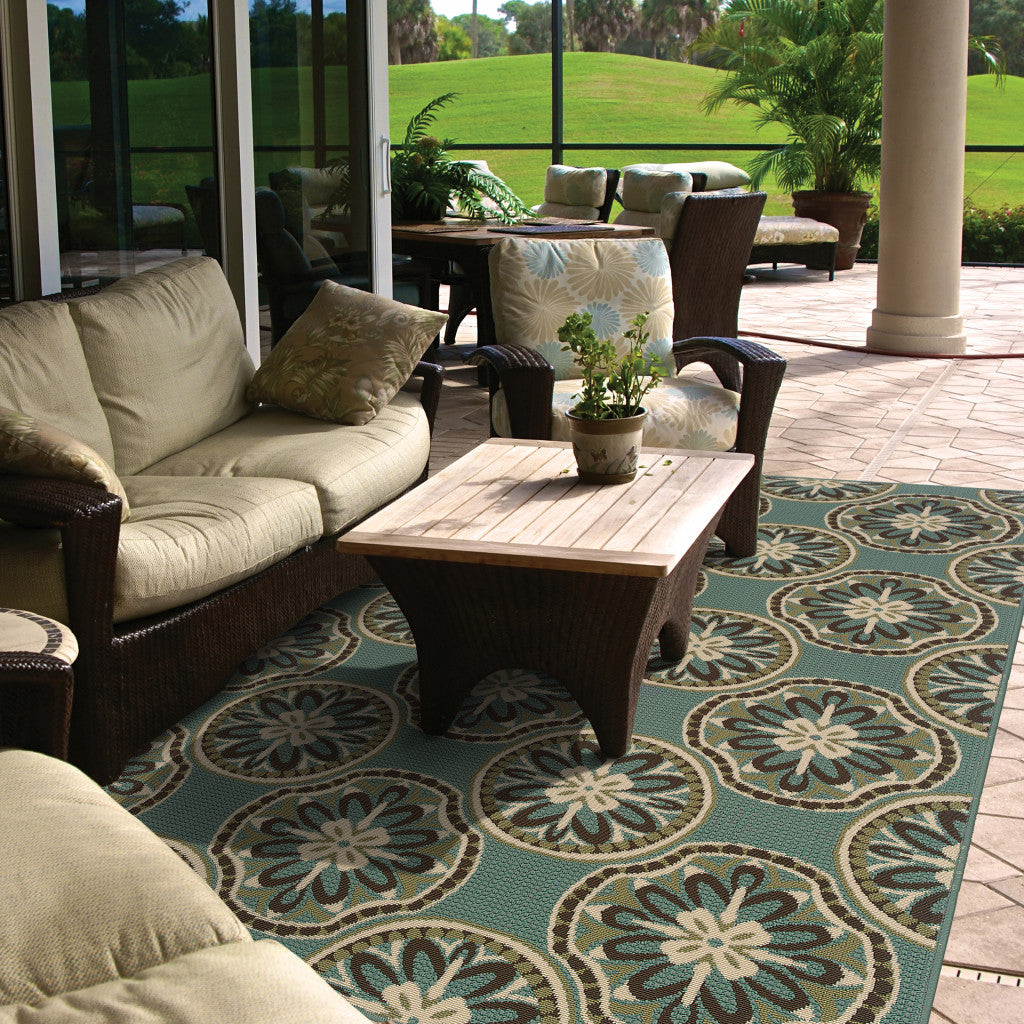 5' X 8' Blue and Ivory Floral Stain Resistant Indoor Outdoor Area Rug