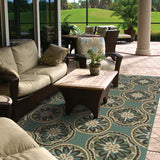 8' X 11' Blue and Ivory Floral Stain Resistant Indoor Outdoor Area Rug