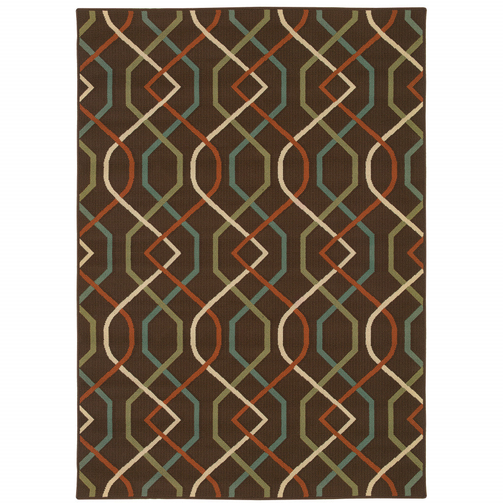 5' X 8' Brown and Ivory Geometric Stain Resistant Indoor Outdoor Area Rug