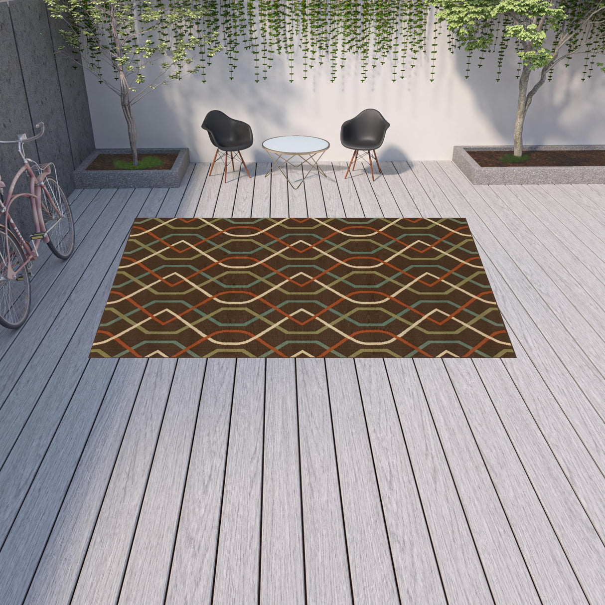 9' X 13' Brown and Ivory Geometric Stain Resistant Indoor Outdoor Area Rug