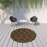 8' X 8' Brown and Ivory Round Geometric Stain Resistant Indoor Outdoor Area Rug