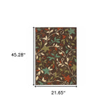 2' X 4' Brown Floral Stain Resistant Indoor Outdoor Area Rug