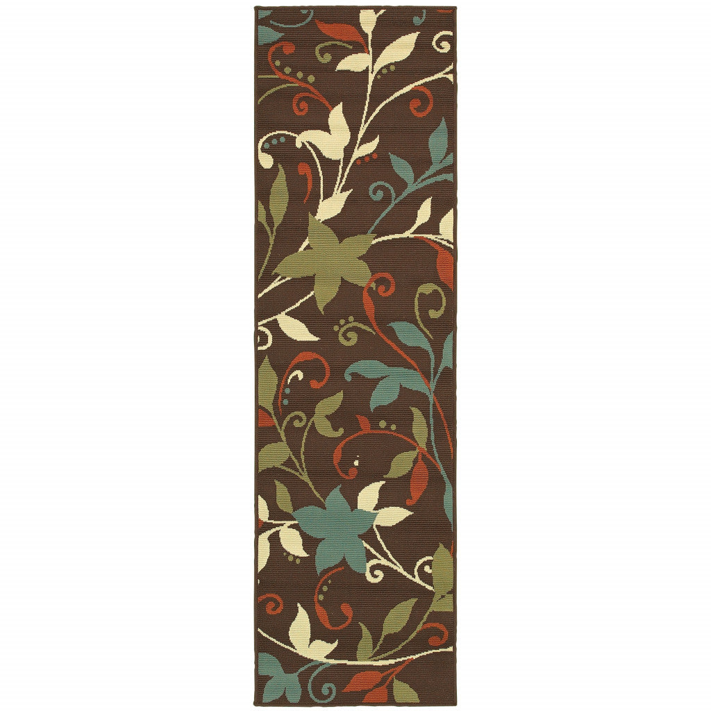 8' Runner Brown Floral Stain Resistant Indoor Outdoor Runner Rug