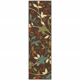 8' Runner Brown Floral Stain Resistant Indoor Outdoor Runner Rug