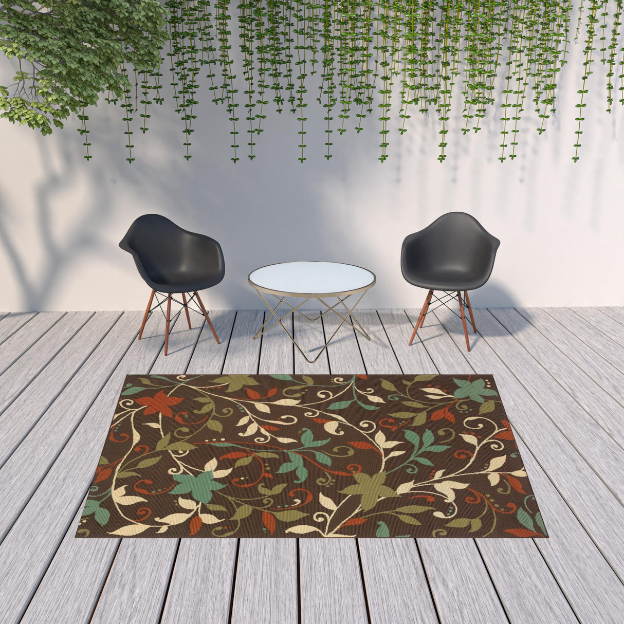 7' X 10' Brown Floral Stain Resistant Indoor Outdoor Area Rug