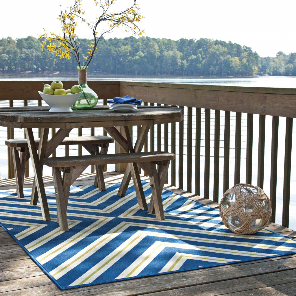 9' X 13' Blue and Ivory Geometric Stain Resistant Indoor Outdoor Area Rug