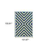 9' X 13' Blue and Ivory Geometric Stain Resistant Indoor Outdoor Area Rug