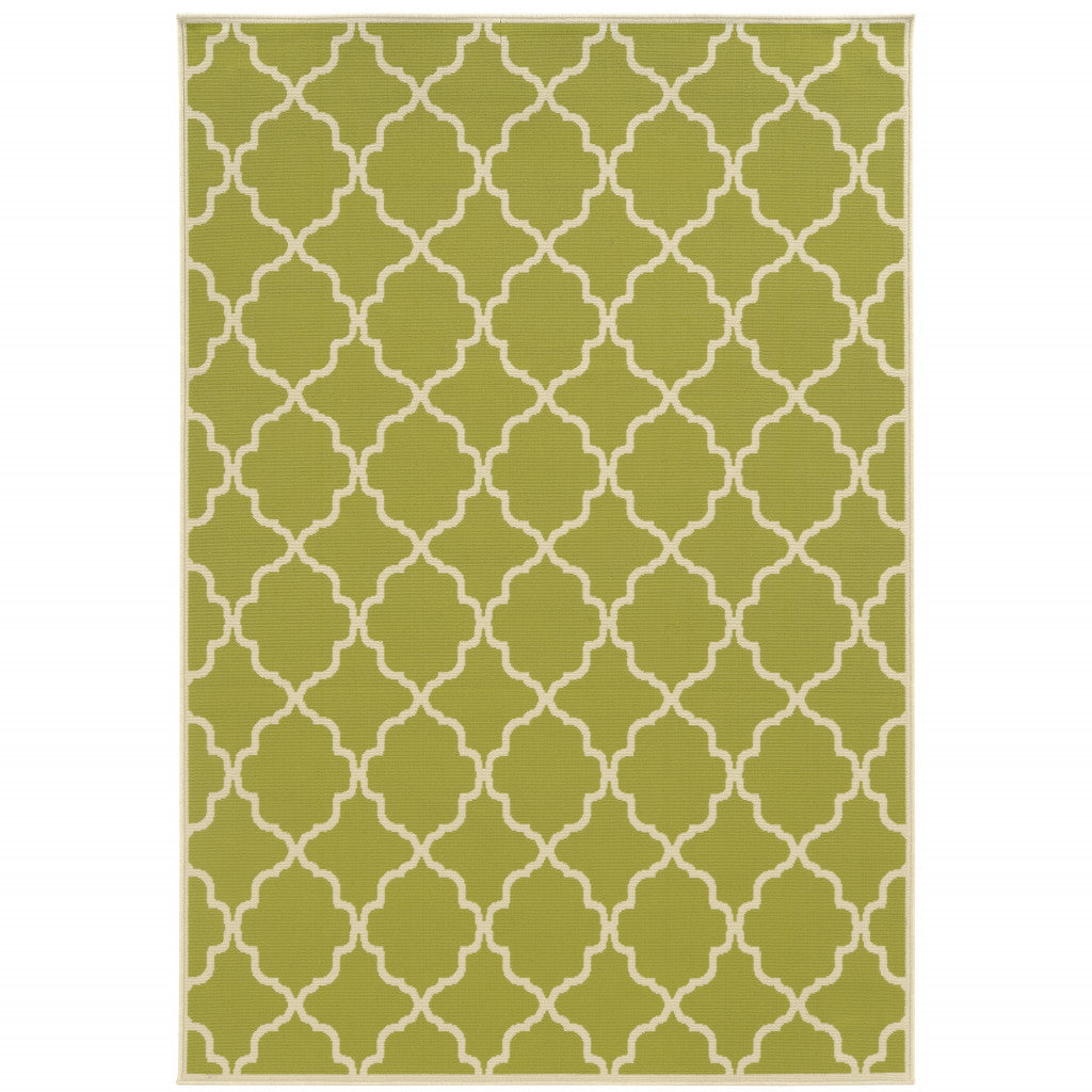 9' X 13' Green and Ivory Geometric Stain Resistant Indoor Outdoor Area Rug