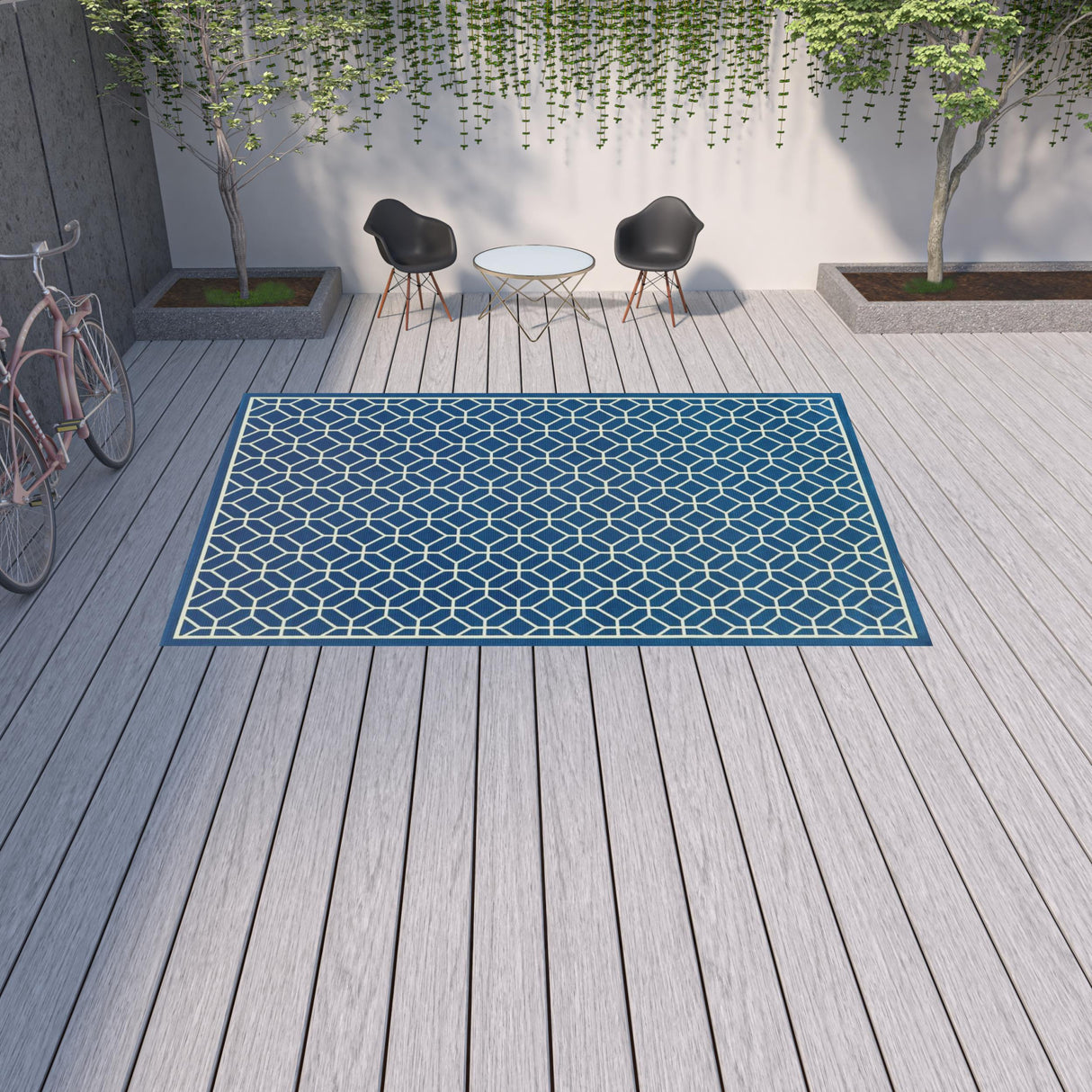 9' X 13' Blue and Ivory Geometric Stain Resistant Indoor Outdoor Area Rug