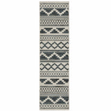 2' X 7' Blue and Beige Geometric Stain Resistant Indoor Outdoor Area Rug