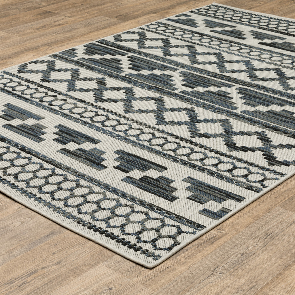 5' X 7' Blue and Beige Geometric Stain Resistant Indoor Outdoor Area Rug