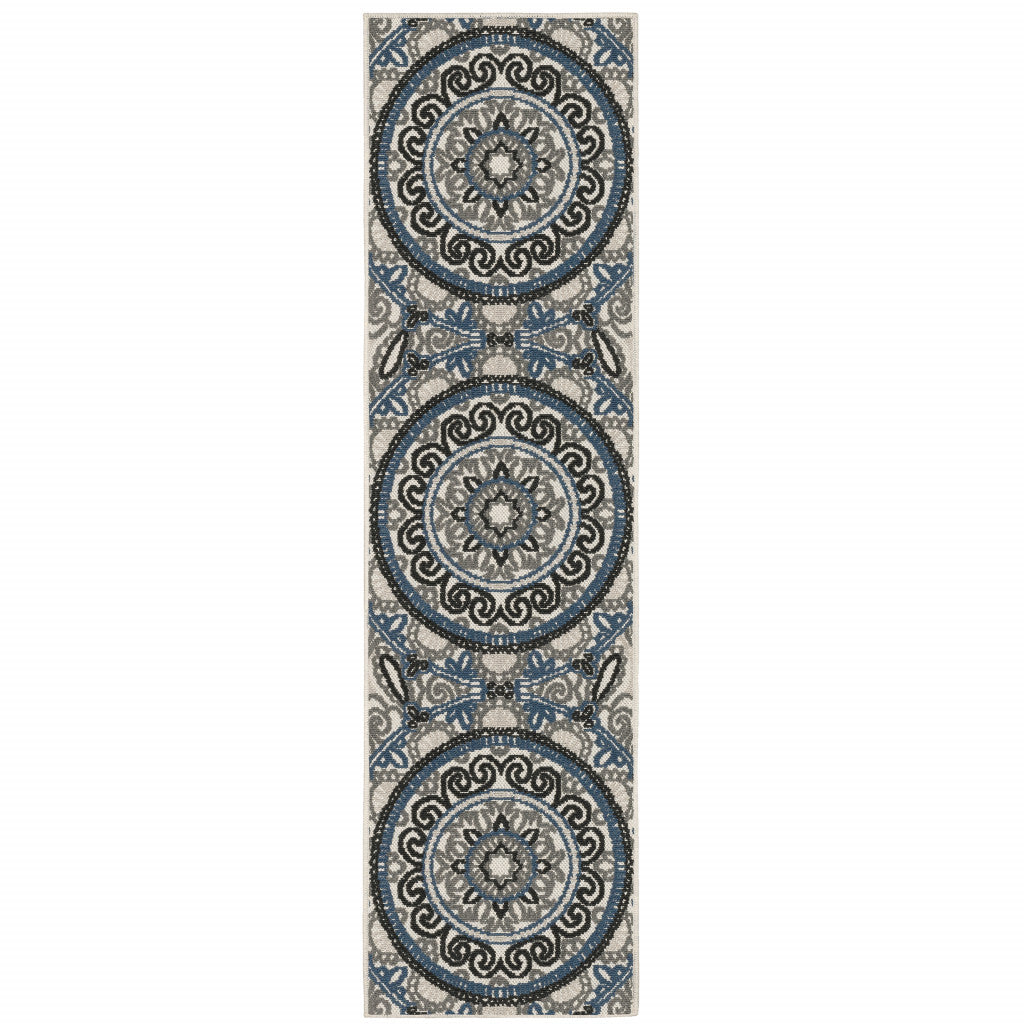 2' X 7' Blue and Beige Geometric Stain Resistant Indoor Outdoor Area Rug