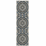 2' X 7' Blue and Beige Geometric Stain Resistant Indoor Outdoor Area Rug