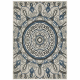 5' X 7' Blue and Beige Geometric Stain Resistant Indoor Outdoor Area Rug