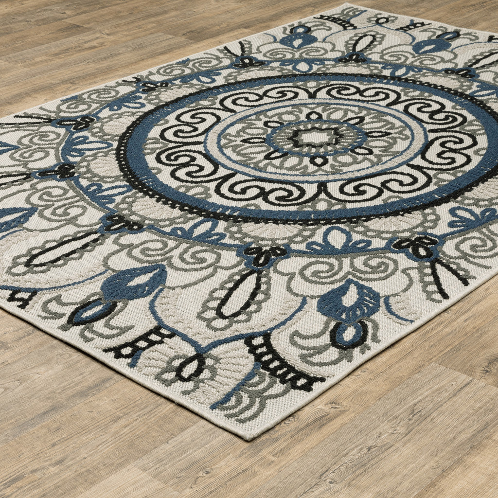 5' X 7' Blue and Beige Geometric Stain Resistant Indoor Outdoor Area Rug