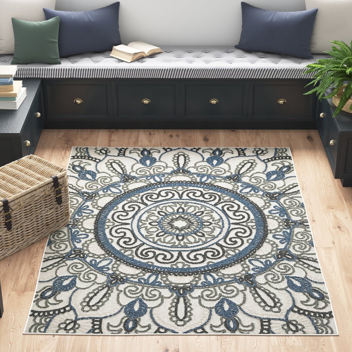 7' X 9' Blue and Beige Geometric Stain Resistant Indoor Outdoor Area Rug