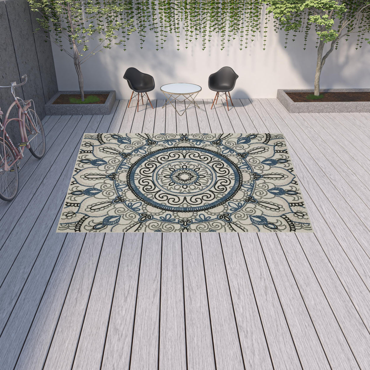 10' X 13' Blue and Beige Geometric Stain Resistant Indoor Outdoor Area Rug