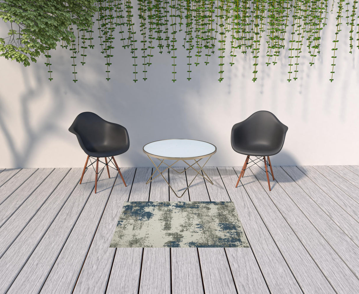 3' X 5' Blue and Beige Abstract Stain Resistant Indoor Outdoor Area Rug