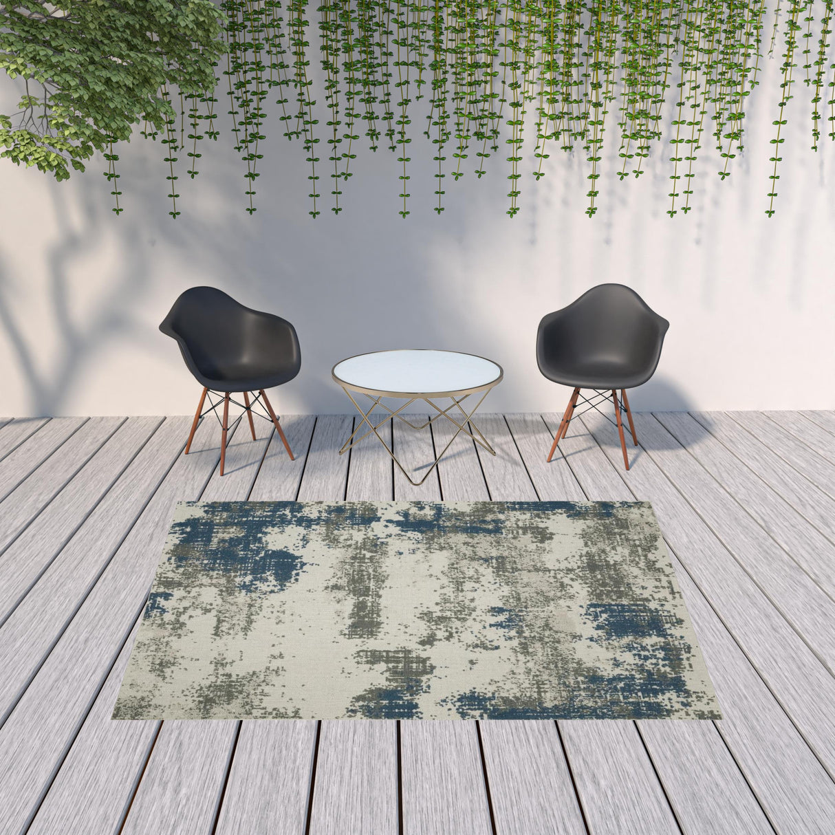 7' X 9' Blue and Beige Abstract Stain Resistant Indoor Outdoor Area Rug