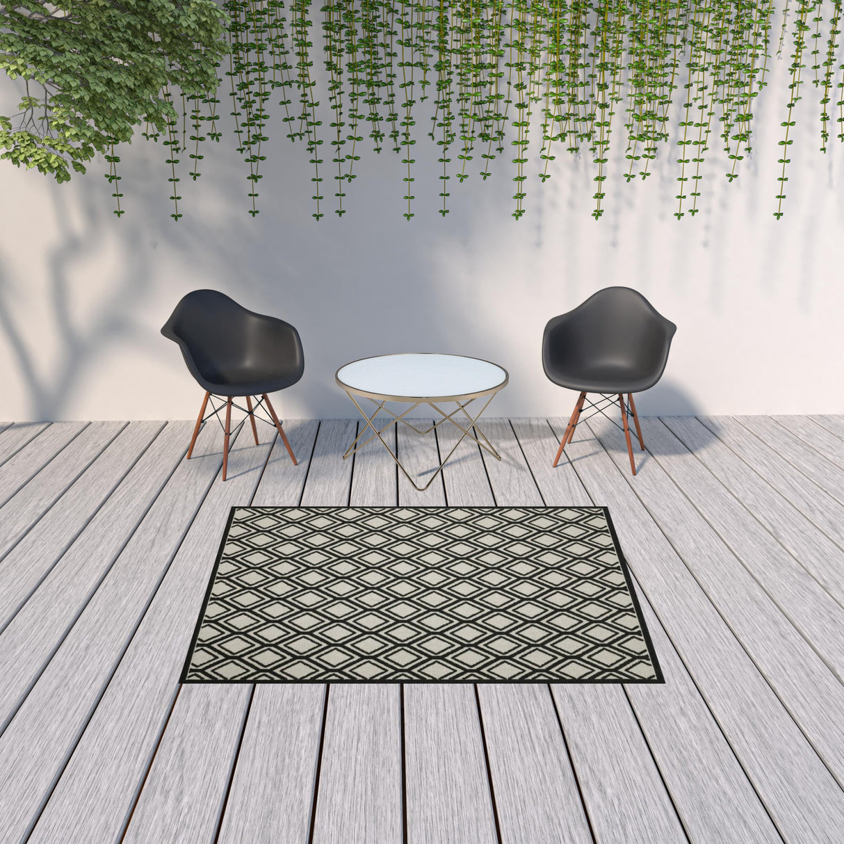 5' X 7' Beige and Black Geometric Stain Resistant Indoor Outdoor Area Rug