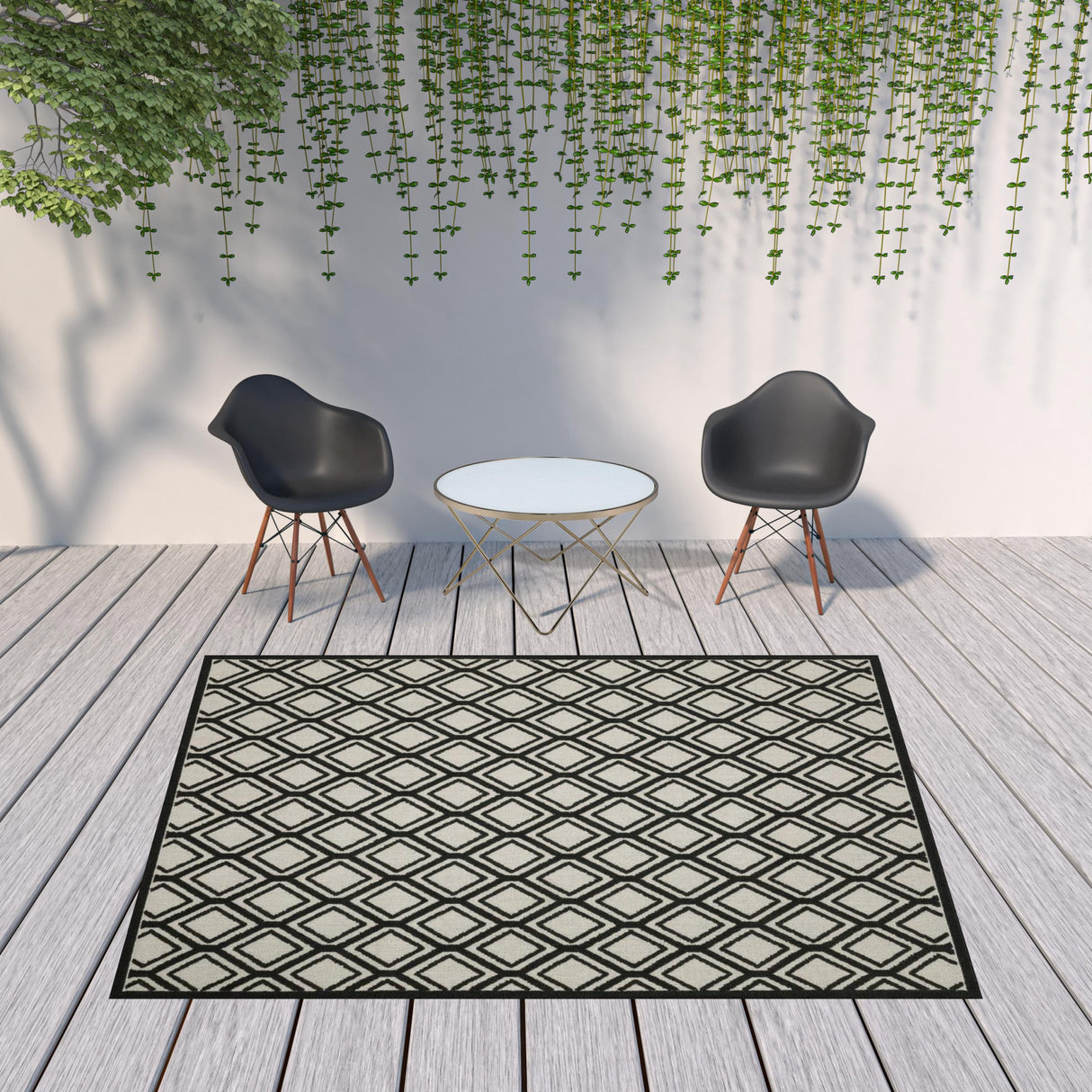 8' X 10' Beige and Black Geometric Stain Resistant Indoor Outdoor Area Rug