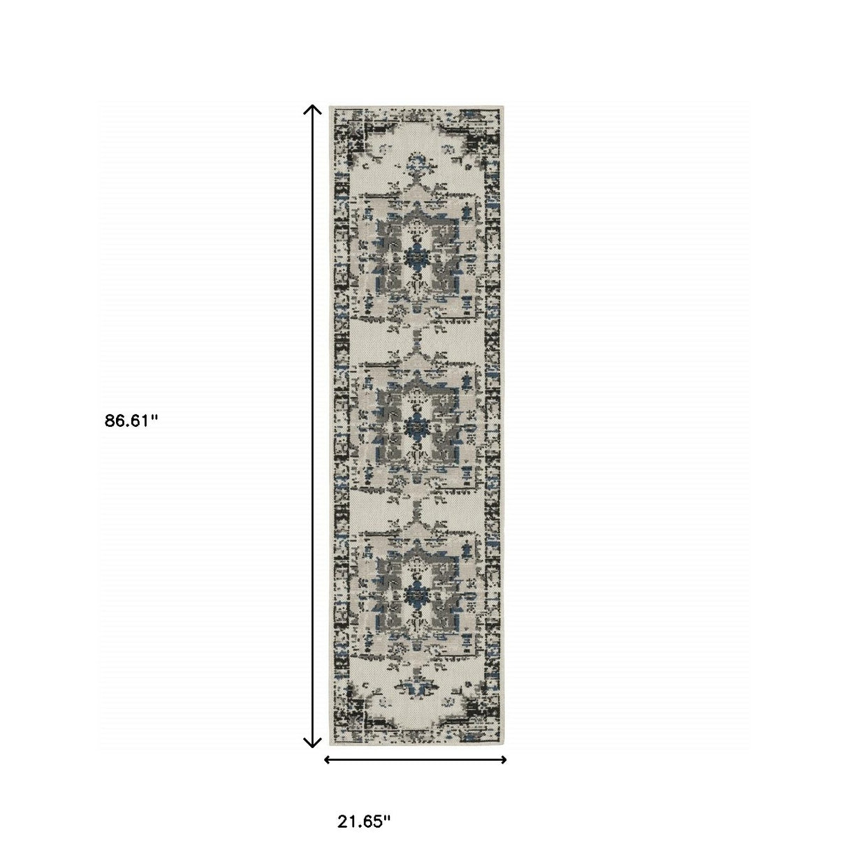 2' X 7' Blue and Beige Oriental Stain Resistant Indoor Outdoor Area Rug