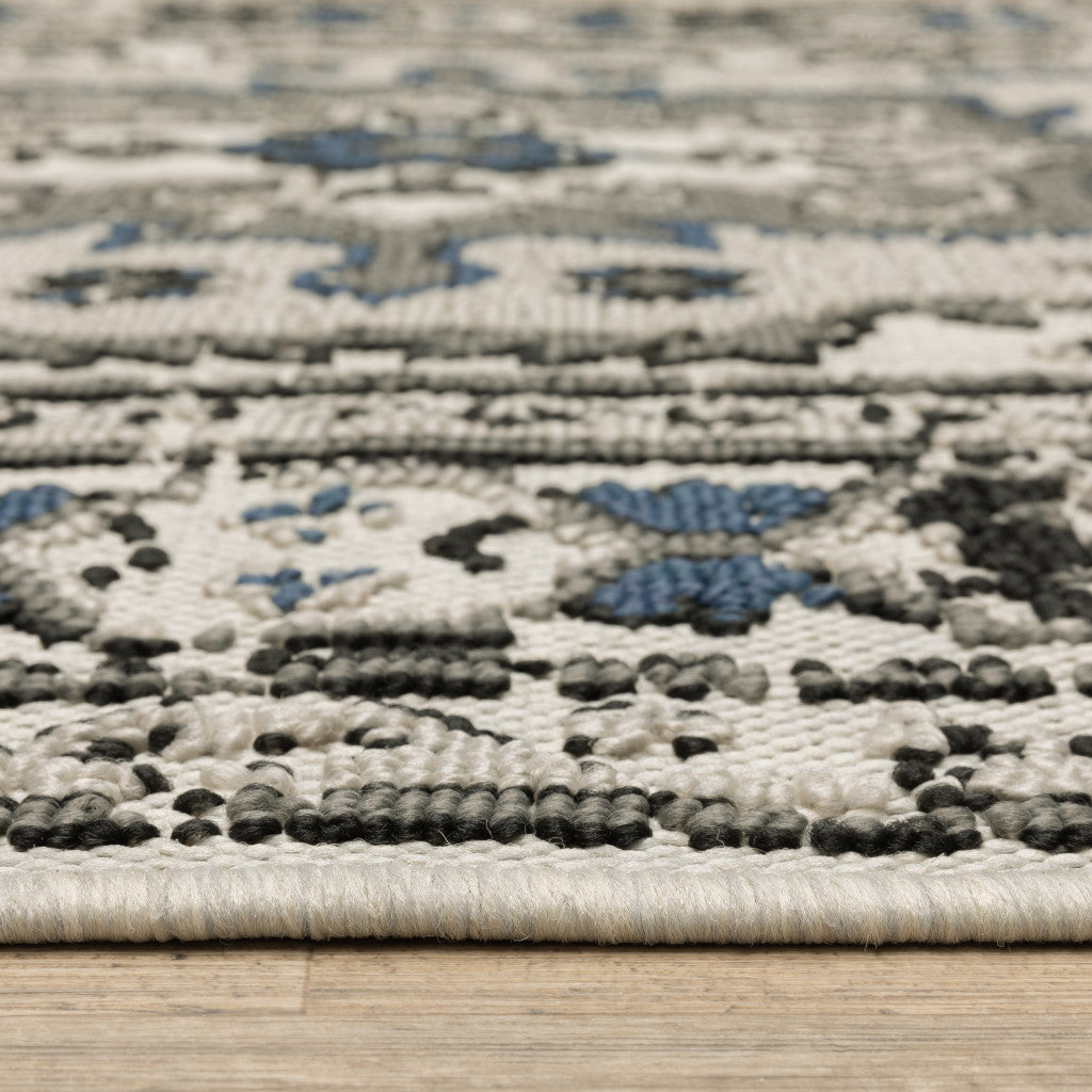 3' X 5' Blue and Beige Oriental Stain Resistant Indoor Outdoor Area Rug