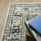 3' X 5' Blue and Beige Oriental Stain Resistant Indoor Outdoor Area Rug