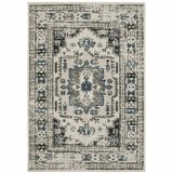 5' X 7' Blue and Beige Oriental Stain Resistant Indoor Outdoor Area Rug