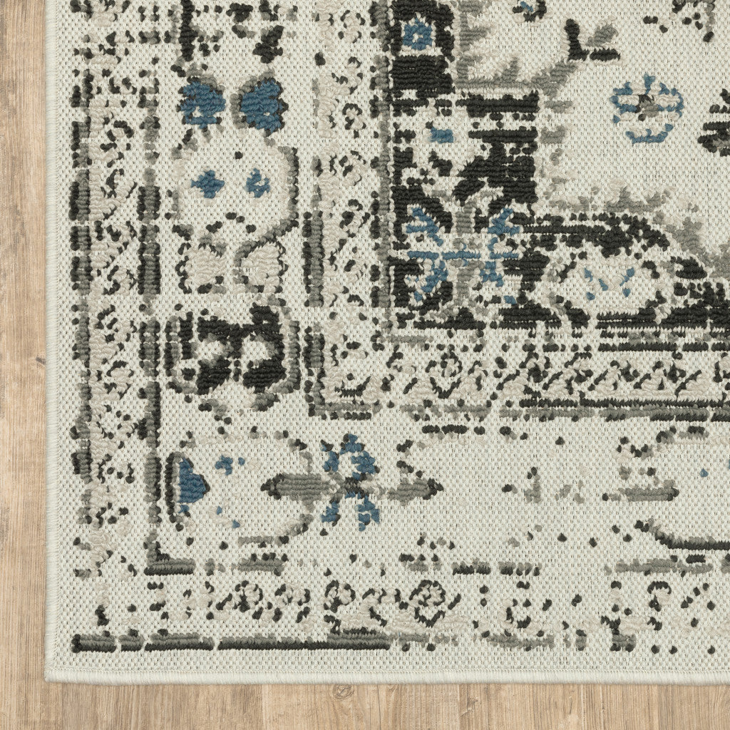 5' X 7' Blue and Beige Oriental Stain Resistant Indoor Outdoor Area Rug