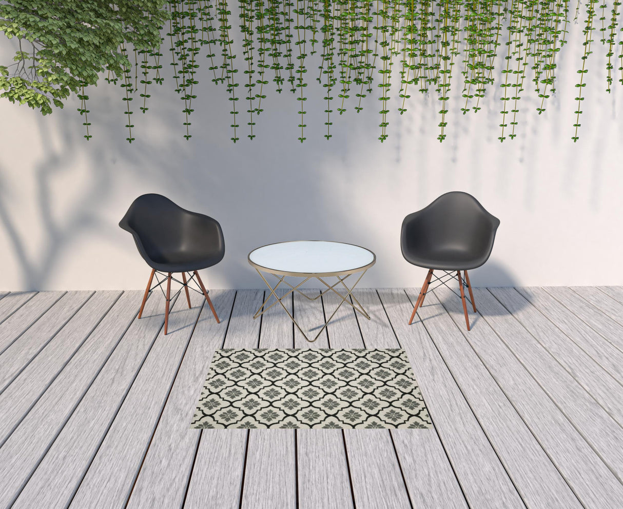 3' X 5' Beige and Black Geometric Stain Resistant Indoor Outdoor Area Rug