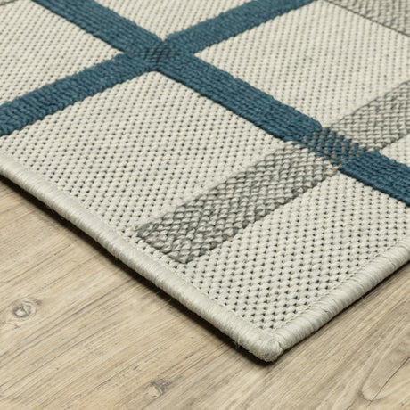 3' X 5' Blue and Beige Geometric Stain Resistant Indoor Outdoor Area Rug