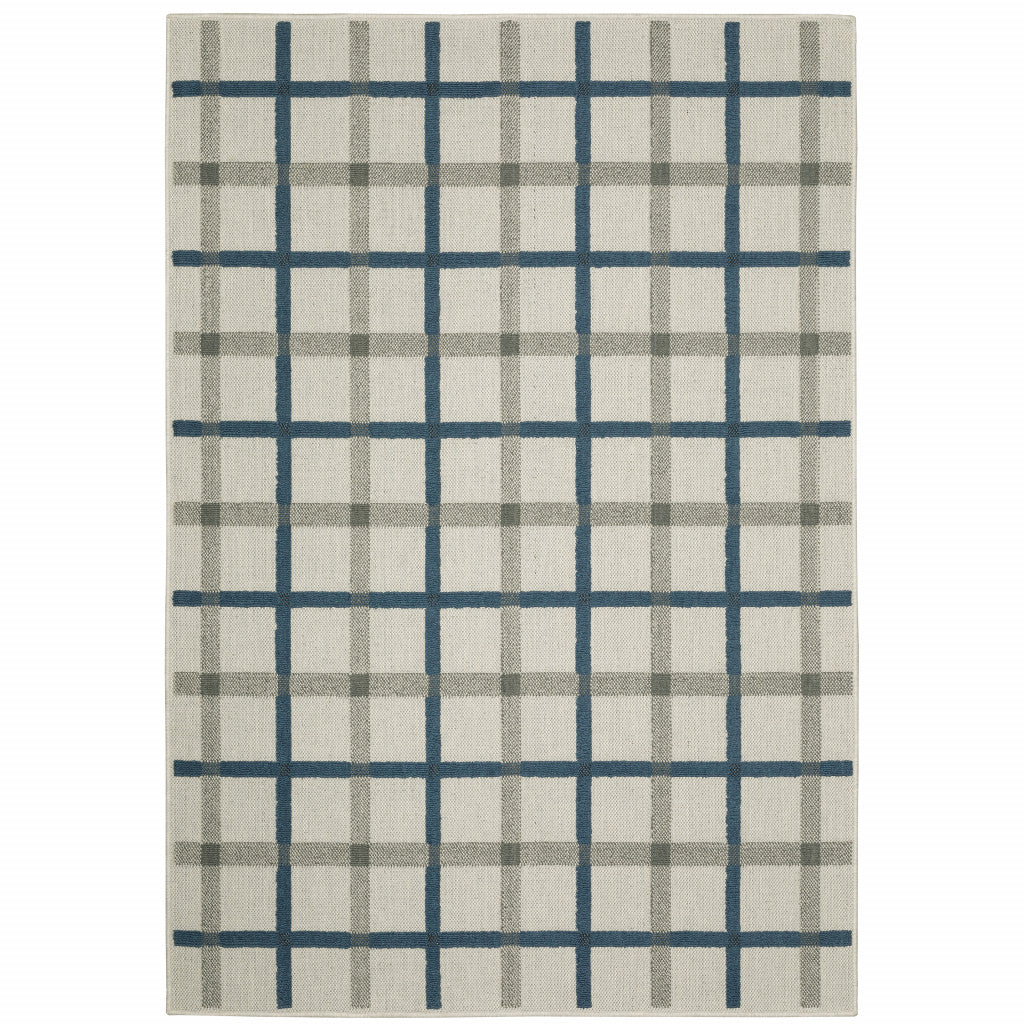 5' X 7' Blue and Beige Geometric Stain Resistant Indoor Outdoor Area Rug